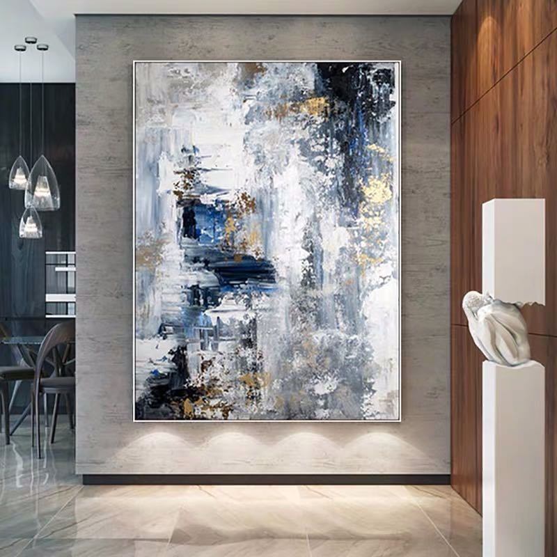 100% Hand Painted Abstract Blue/White Oil Painting