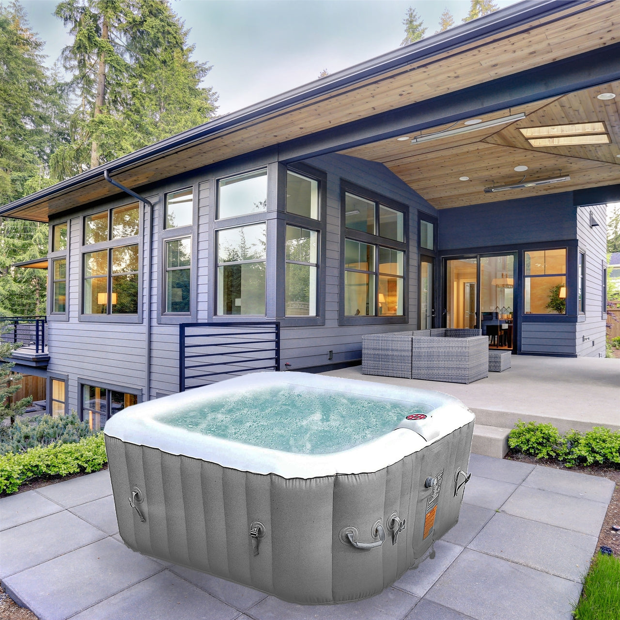 Square Inflatable Jetted Hot Tub with Cover - 4 Person - 160 Gallon - Gray