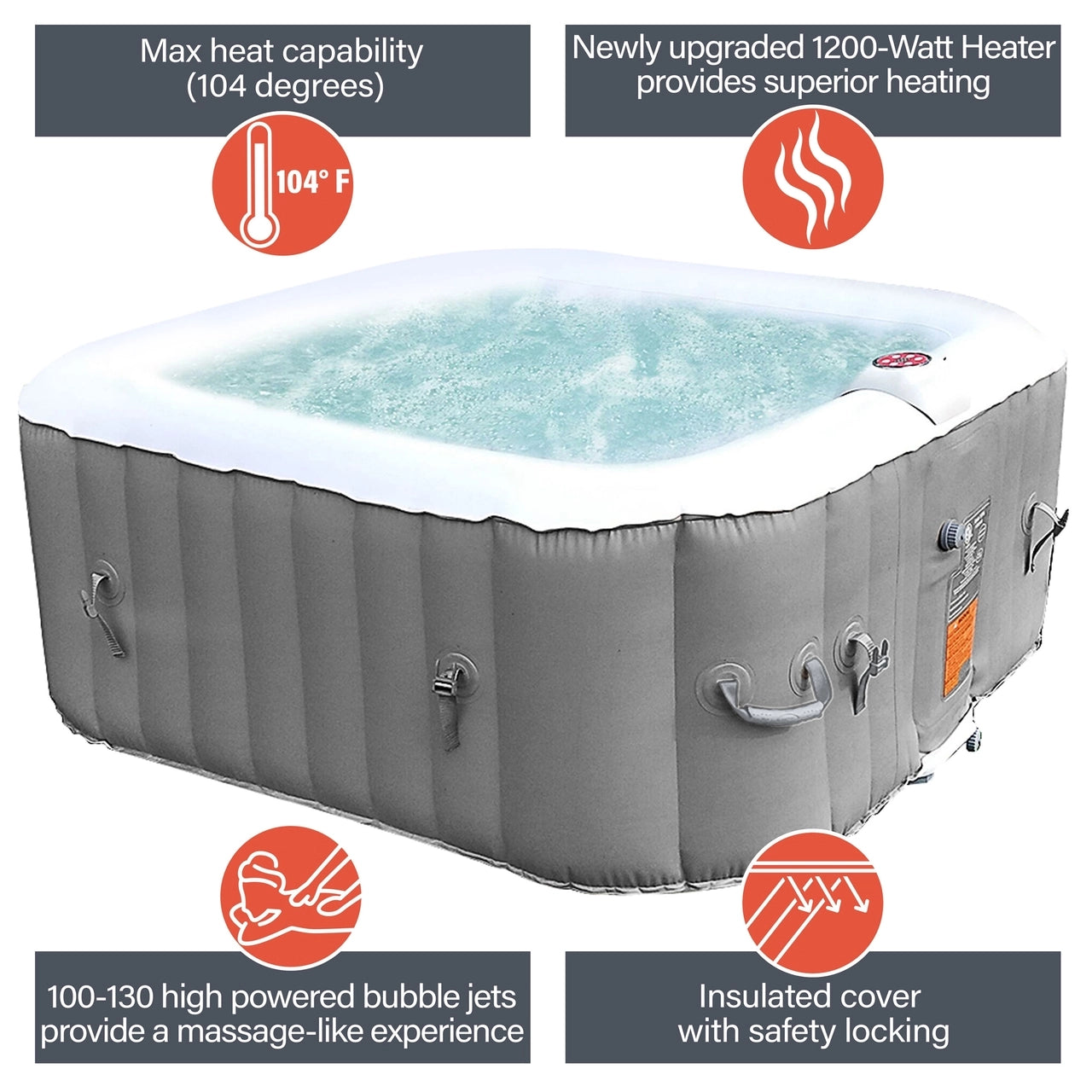 Square Inflatable Jetted Hot Tub with Cover - 4 Person - 160 Gallon - Gray