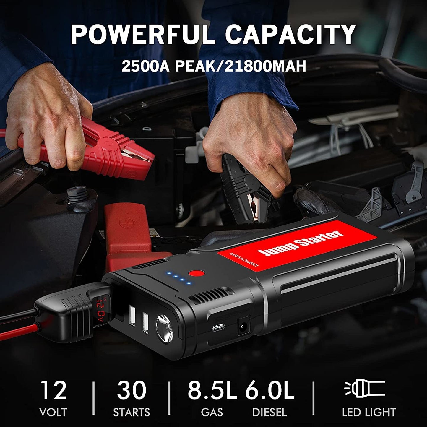 Portable Car Jump Starter- for up to 8.0L Gasoline/6.5L Diesel Engines, Quick Charging