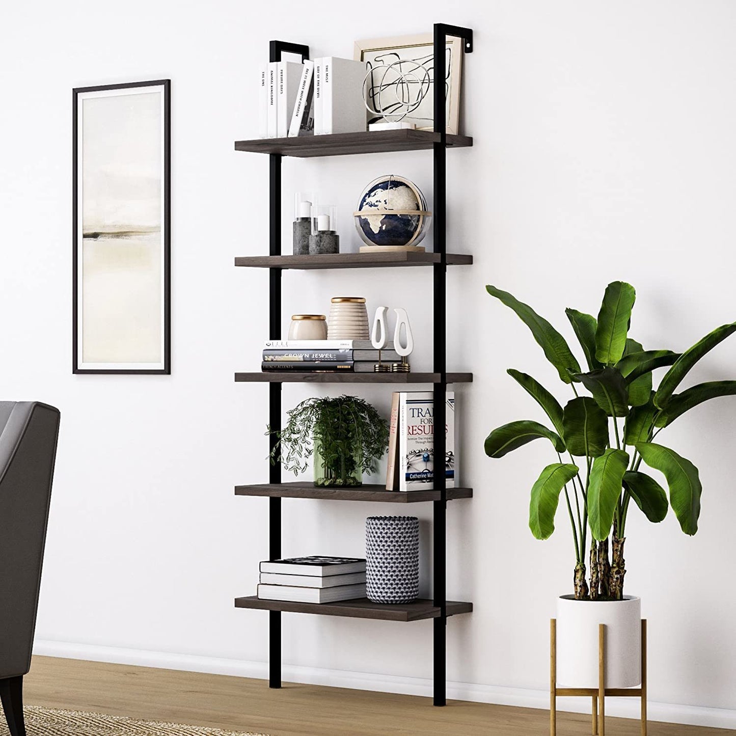 5-Shelf Wood Ladder Bookcase with Metal Frame