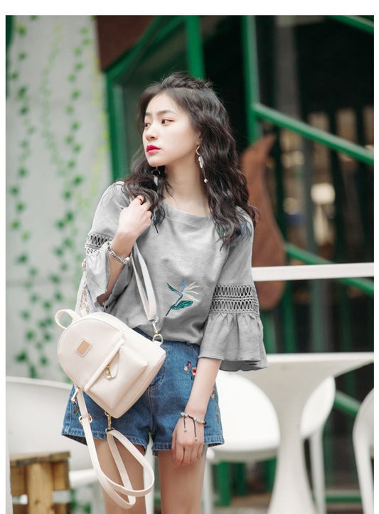 Fashion Half-Sleeved Hollow Lace Flared Sleeve Top