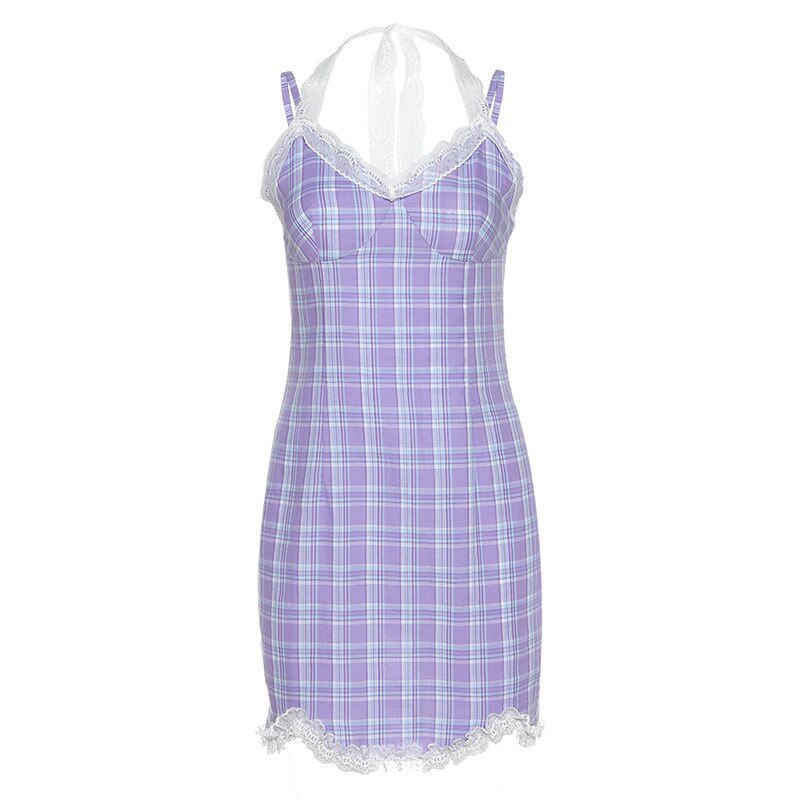 Women Summer Sweet Lace Purple Plaid Strap Dress