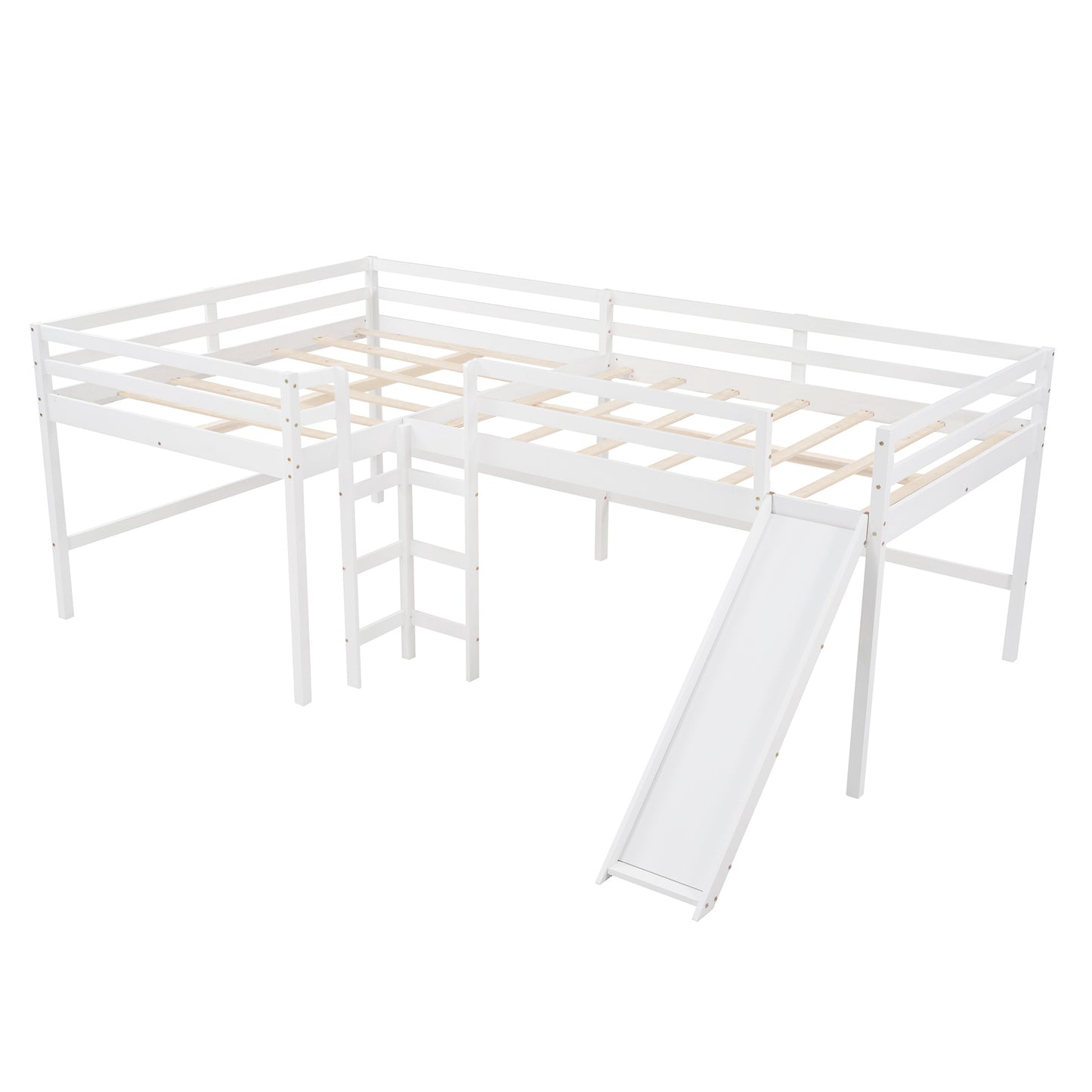 Full Size L-Shaped Loft Bed with Built-in Ladders and Slide