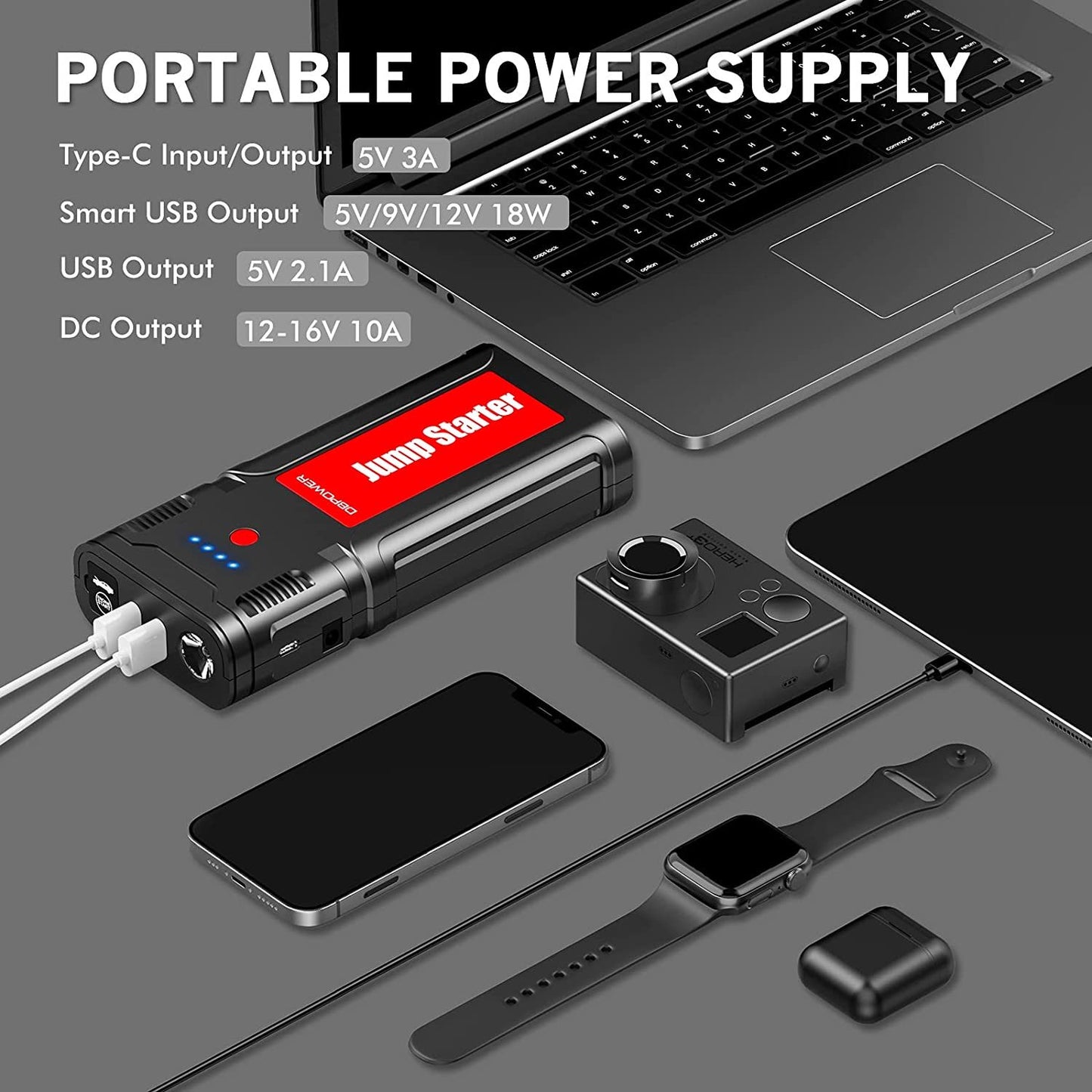 Portable Car Jump Starter- for up to 8.0L Gasoline/6.5L Diesel Engines, Quick Charging