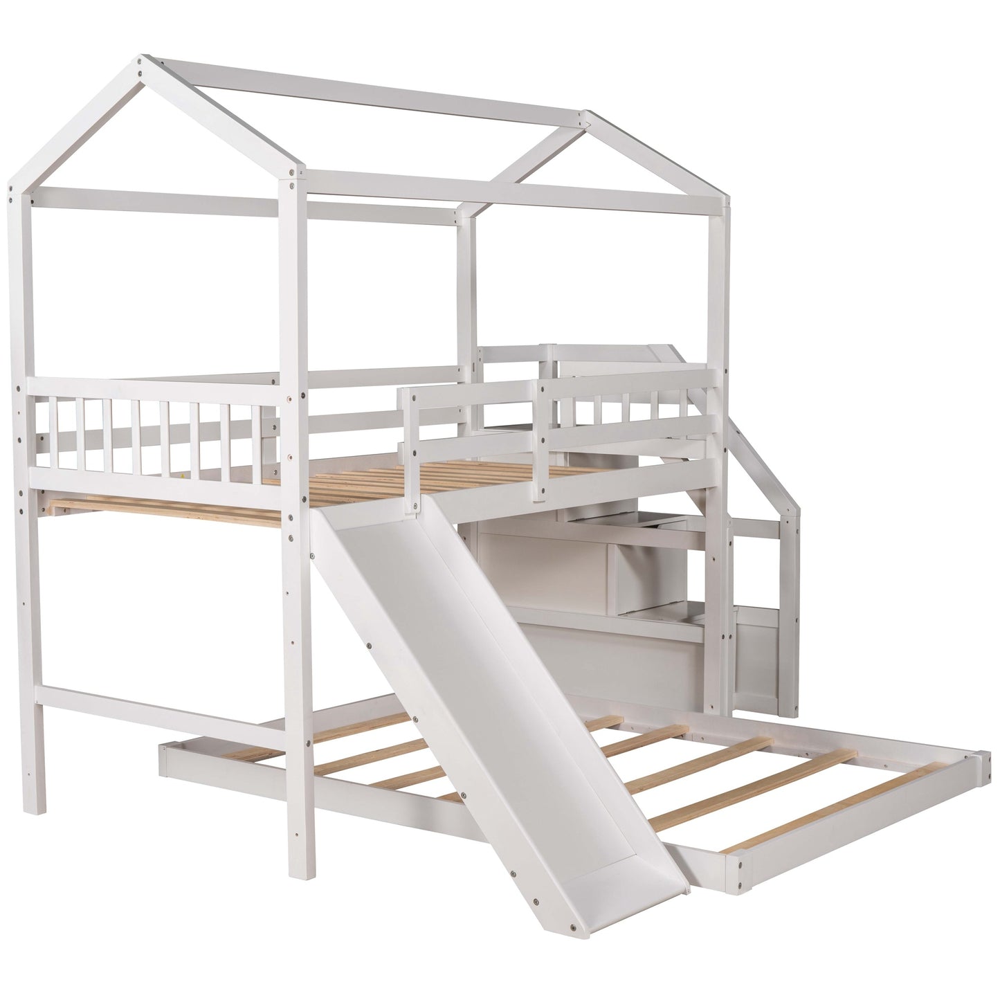 Twin over Full Sized Bunk Bed w/ Convertible Slide & Storage Staircase