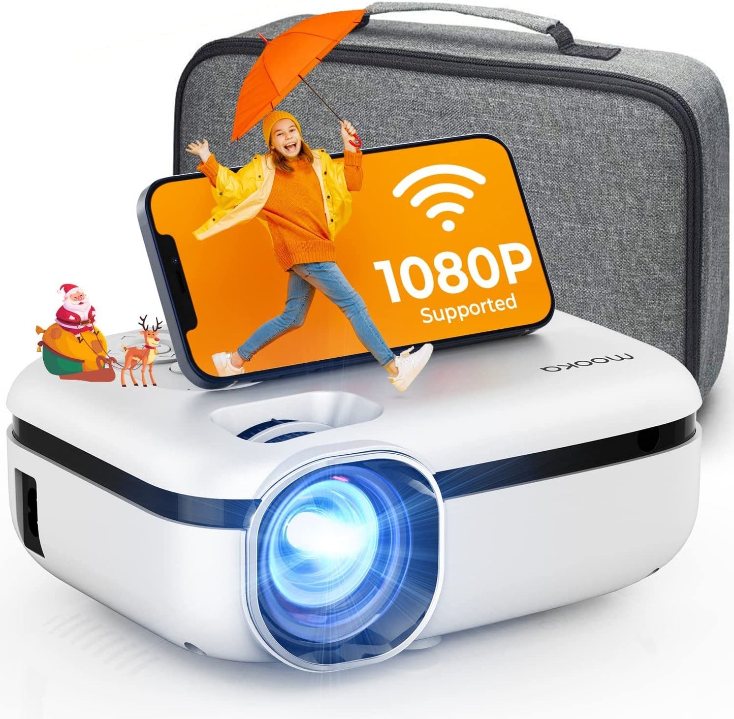 Portable Projector 8000L with Carrying Bag, 1080P (White)