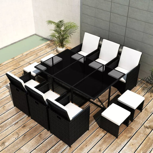 11 Piece Outdoor Dining Set with Cushions Poly Rattan Black