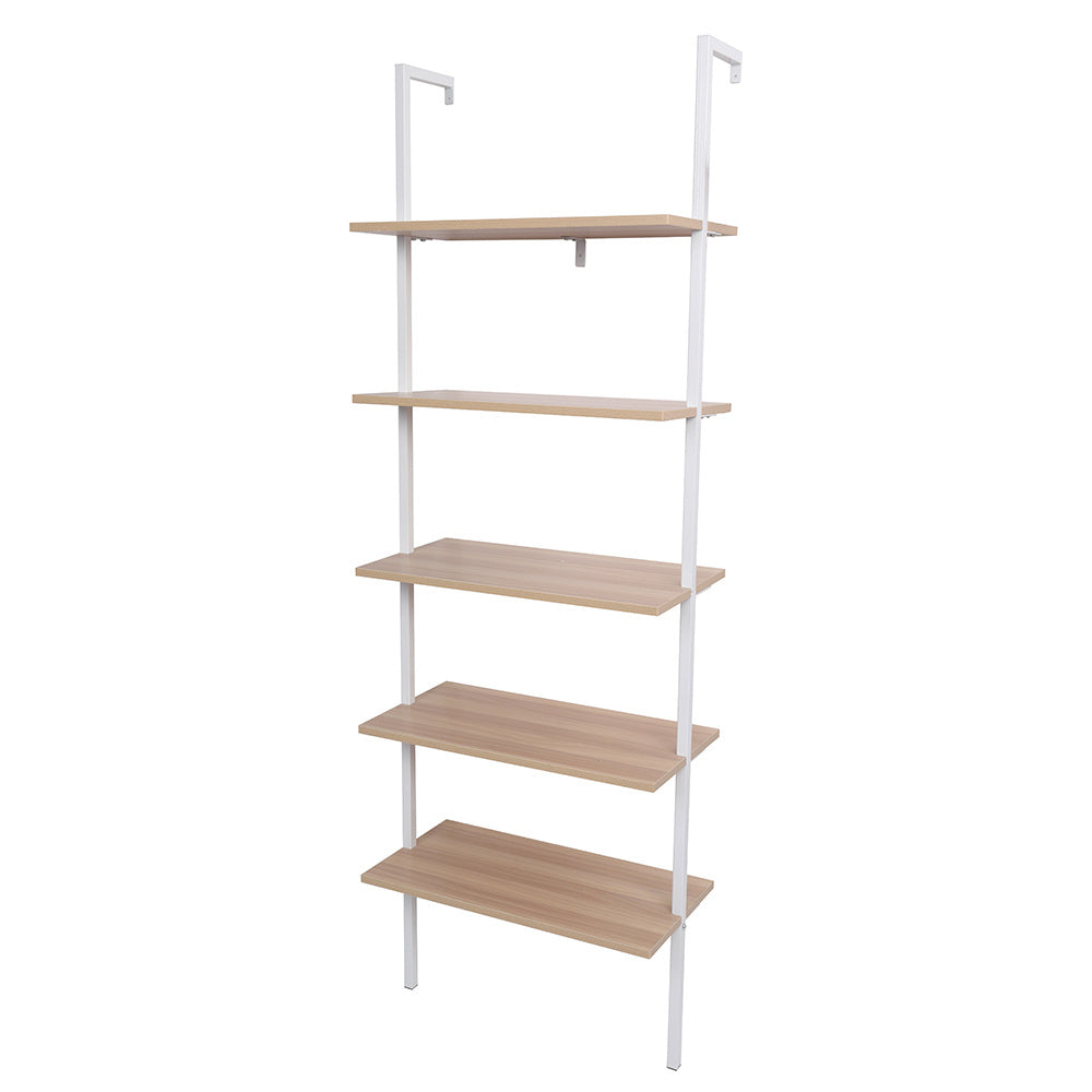 5-Shelf Wood Ladder Bookcase with Metal Frame