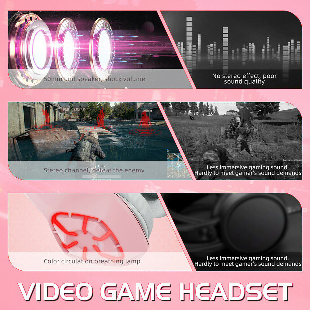 New Gaming Headset with Detachable Cat Ears, LED Light & Noise Canceling Microphone