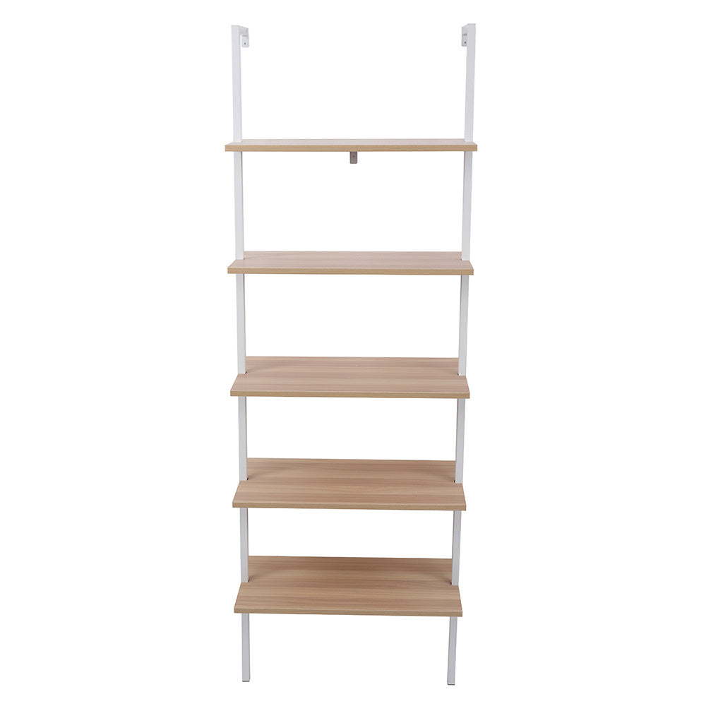 5-Shelf Wood Ladder Bookcase with Metal Frame