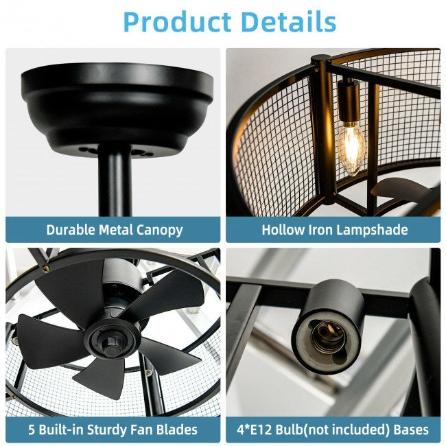 20 Inch Caged Blade Ceiling Fan w/ Light Reversible Motor and Remote Control