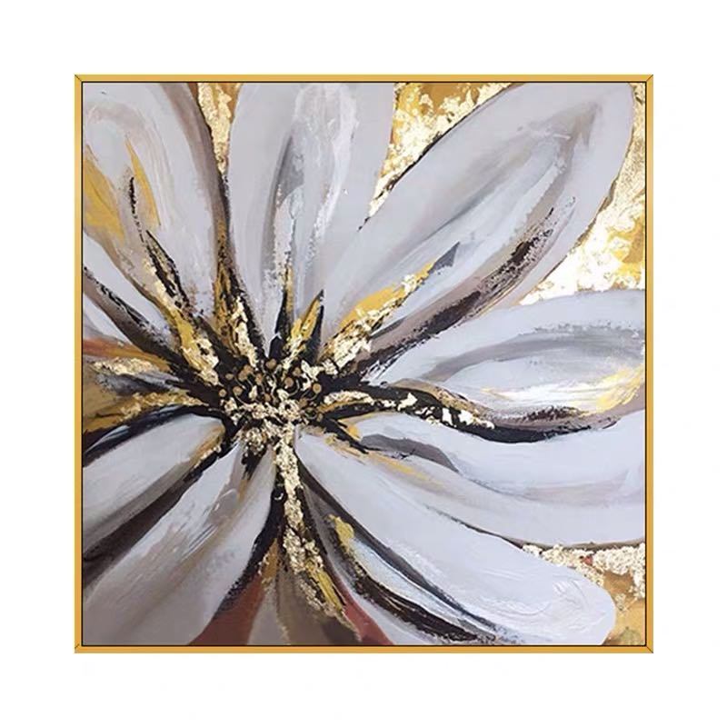 100% Handmade Abstract Oil Painting Gold Foil Flowers Picture