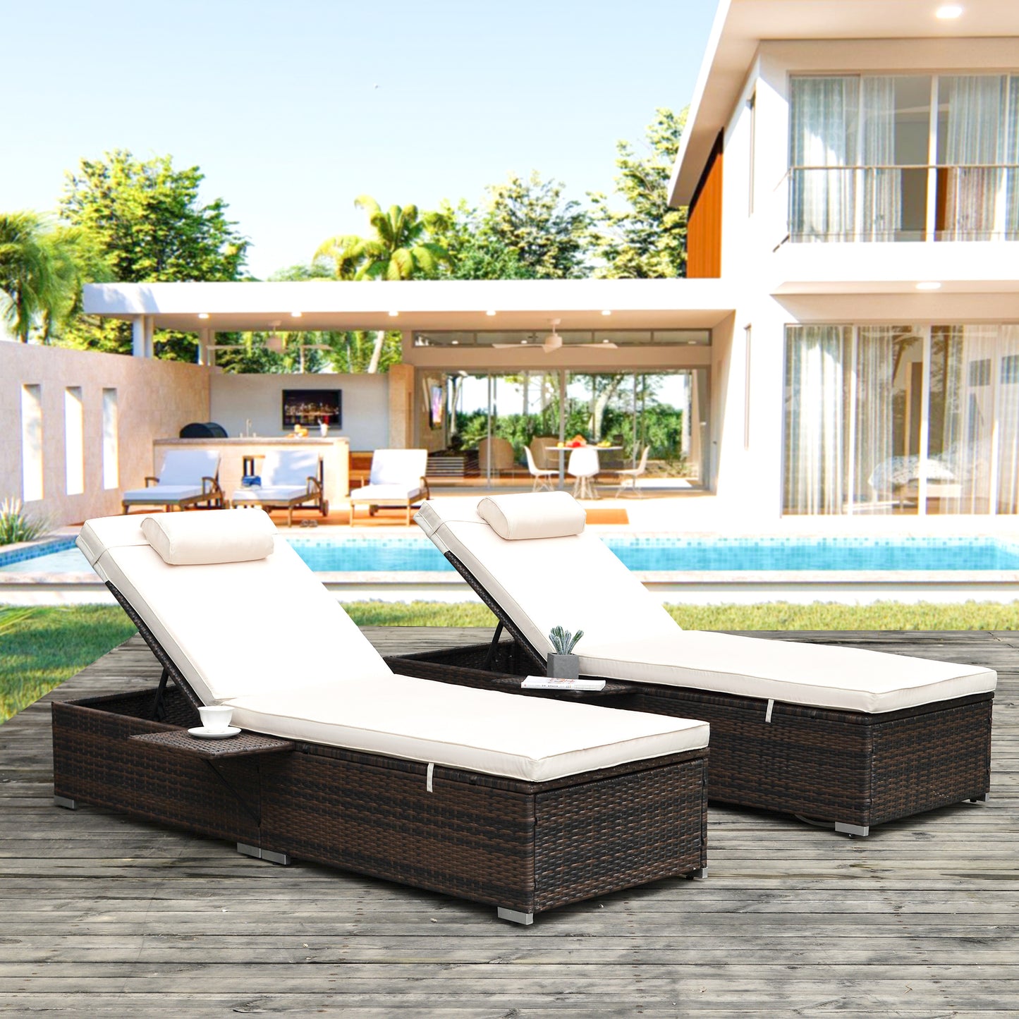 Outdoor Wicker Chaise Lounge - 2 Piece Patio Brown Rattan Reclining Chair Furniture Set Beach Pool Adjustable Backrest Recliners with Side Table and Comfort Head Pillow