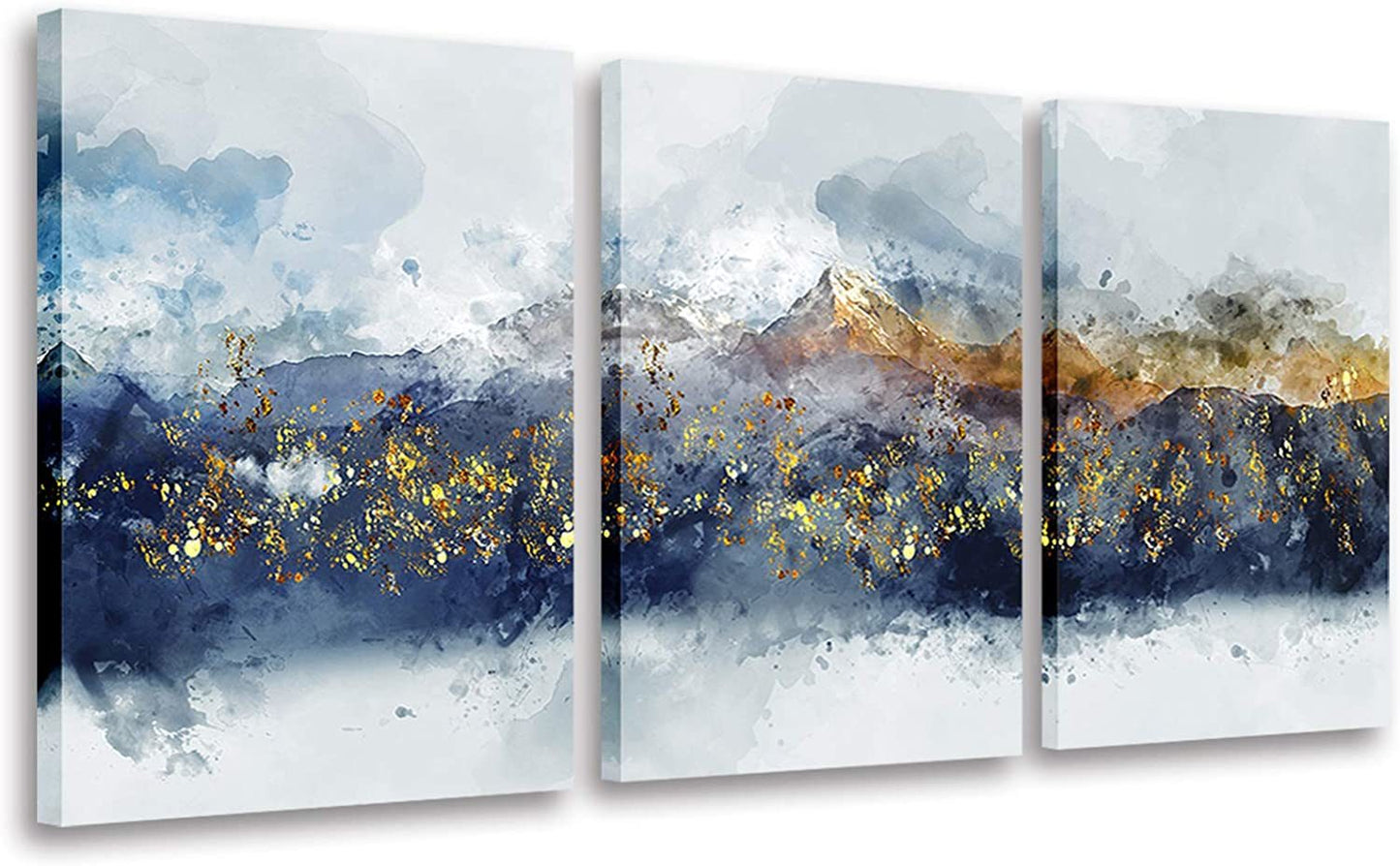 Navy Blue and Gold Mountain Watercolor Wall Decor (3 Piece)