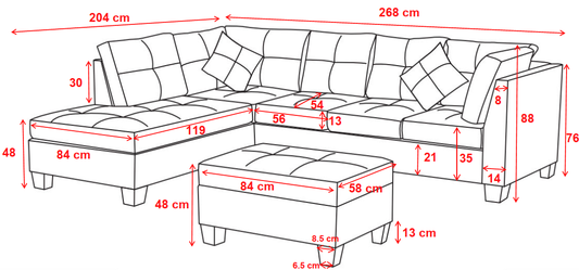 Three Piece Sectional Sofa w/Chaise Lounge and Storage Ottoman (Brown)