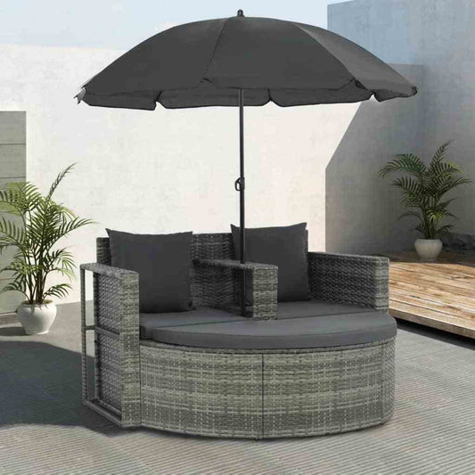 2 Seater Poly Rattan Garden Sofa with Cushions and Parasol-Gray