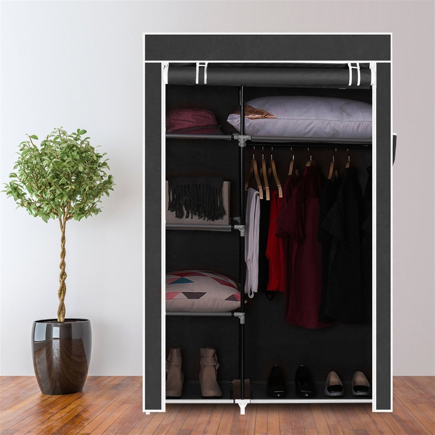 64" Portable Closet/Organizer Wardrobe Clothes Rack with Shelves-Black