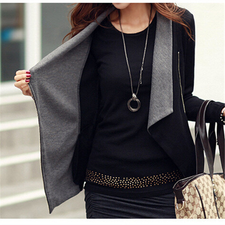 Woman's Autumn Top Outwear Coat Patch Lapel Collar Coat