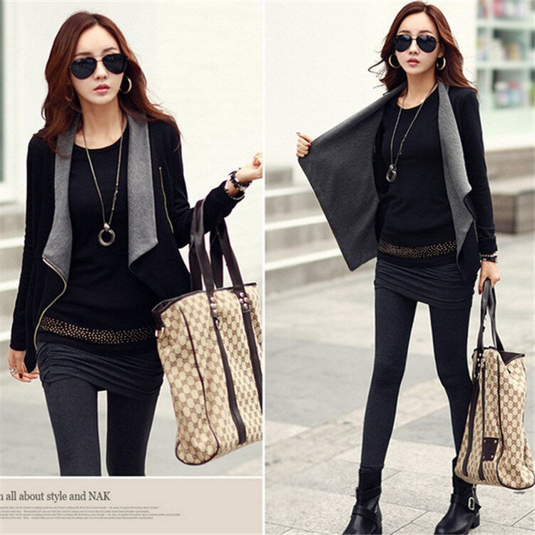 Woman's Autumn Top Outwear Coat Patch Lapel Collar Coat