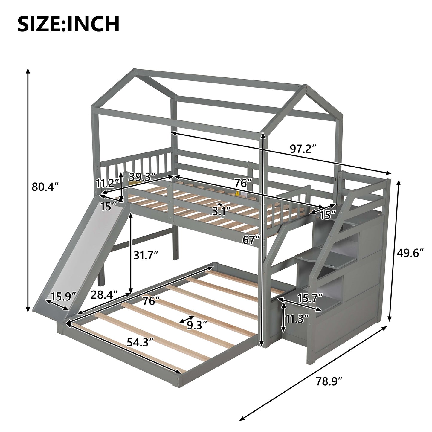 Twin over Full Sized Bunk Bed w/ Convertible Slide & Storage Staircase