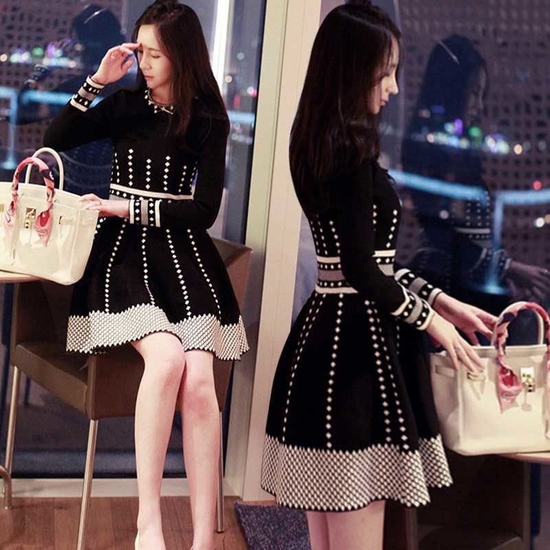 Spring Autumn Women's Pleated Black Mini Dresses