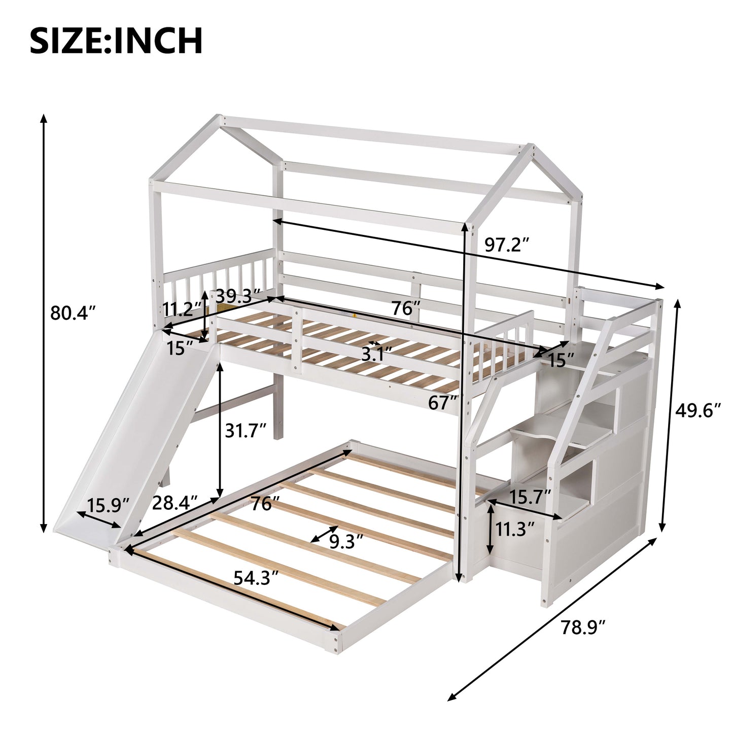 Twin over Full Sized Bunk Bed w/ Convertible Slide & Storage Staircase