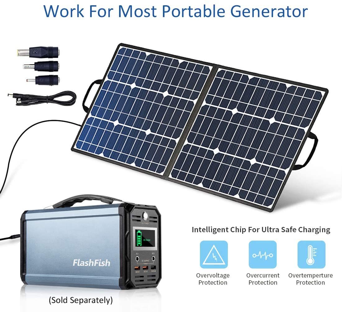 Flashfish Foldable Solar Charger with 5V USB 18V DC Output (Compatible with Portable Generator, Smartphones, Tablets and More)