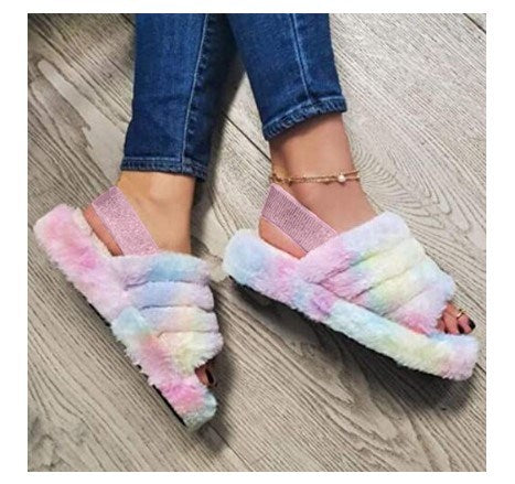 Women's Open Toe Fur Wedge Slippers with Ankle Elastic Band