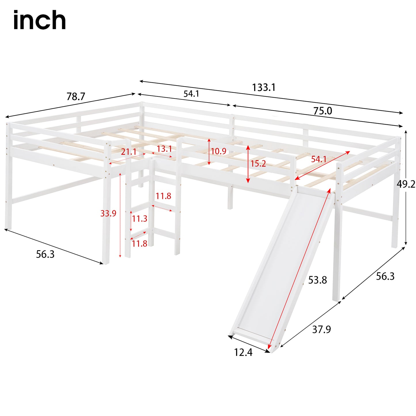 Full Size L-Shaped Loft Bed with Built-in Ladders and Slide