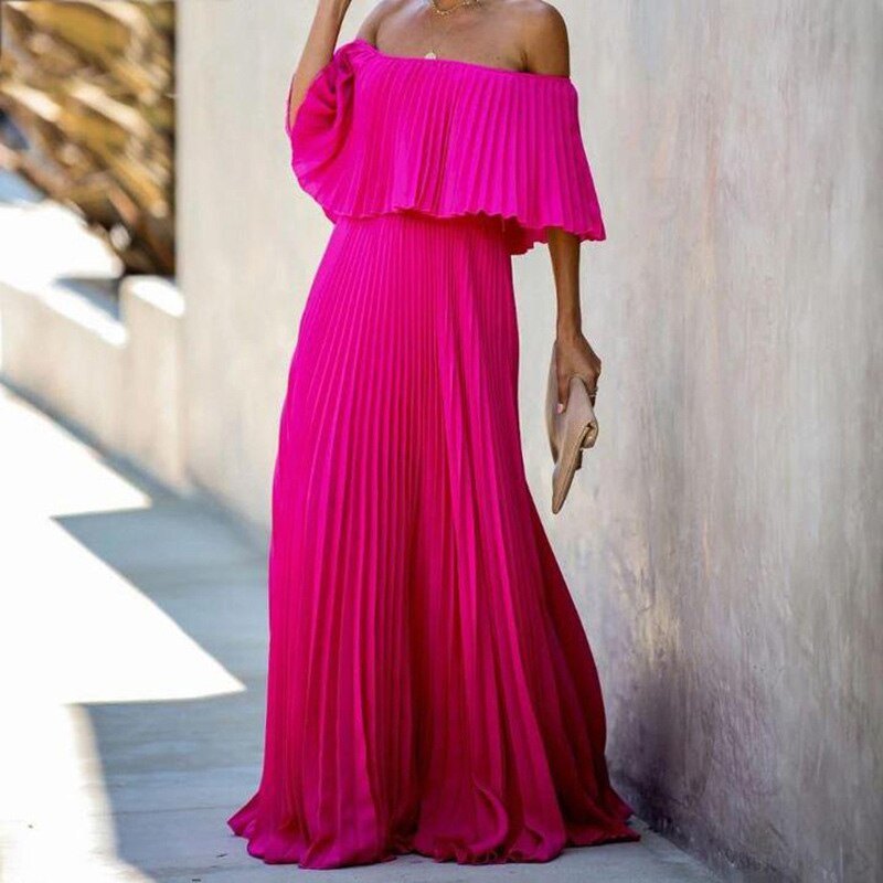 Elegant Pleated Ruffle Off Shoulder Chiffon