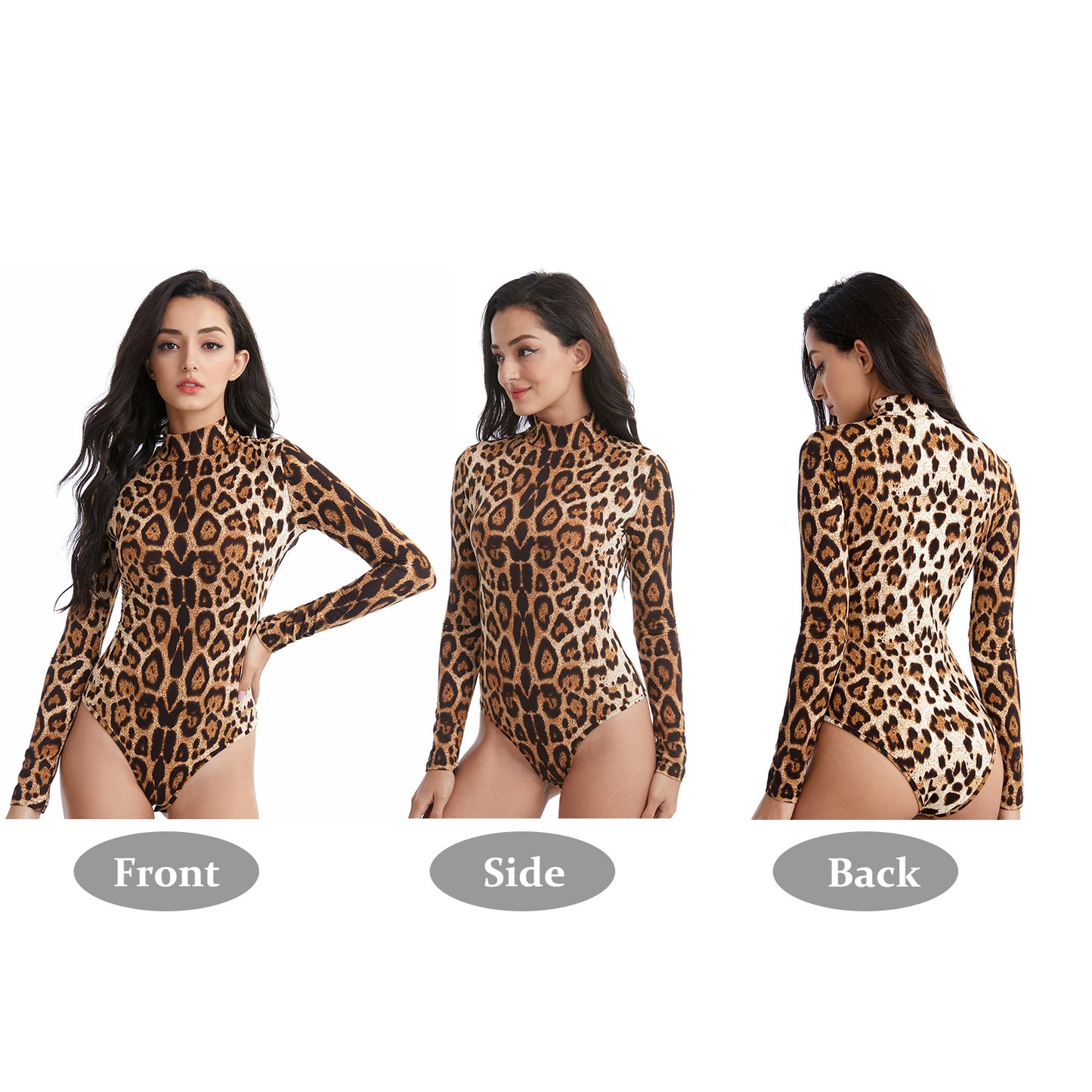 Women's Long Sleeve Turtle Neck Bodysuit (Leopard/Green)