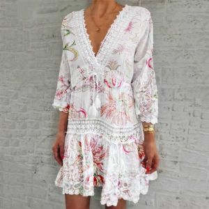 Elegant V Neck Lace Summer Dress w/ Three Quarter Sleeve