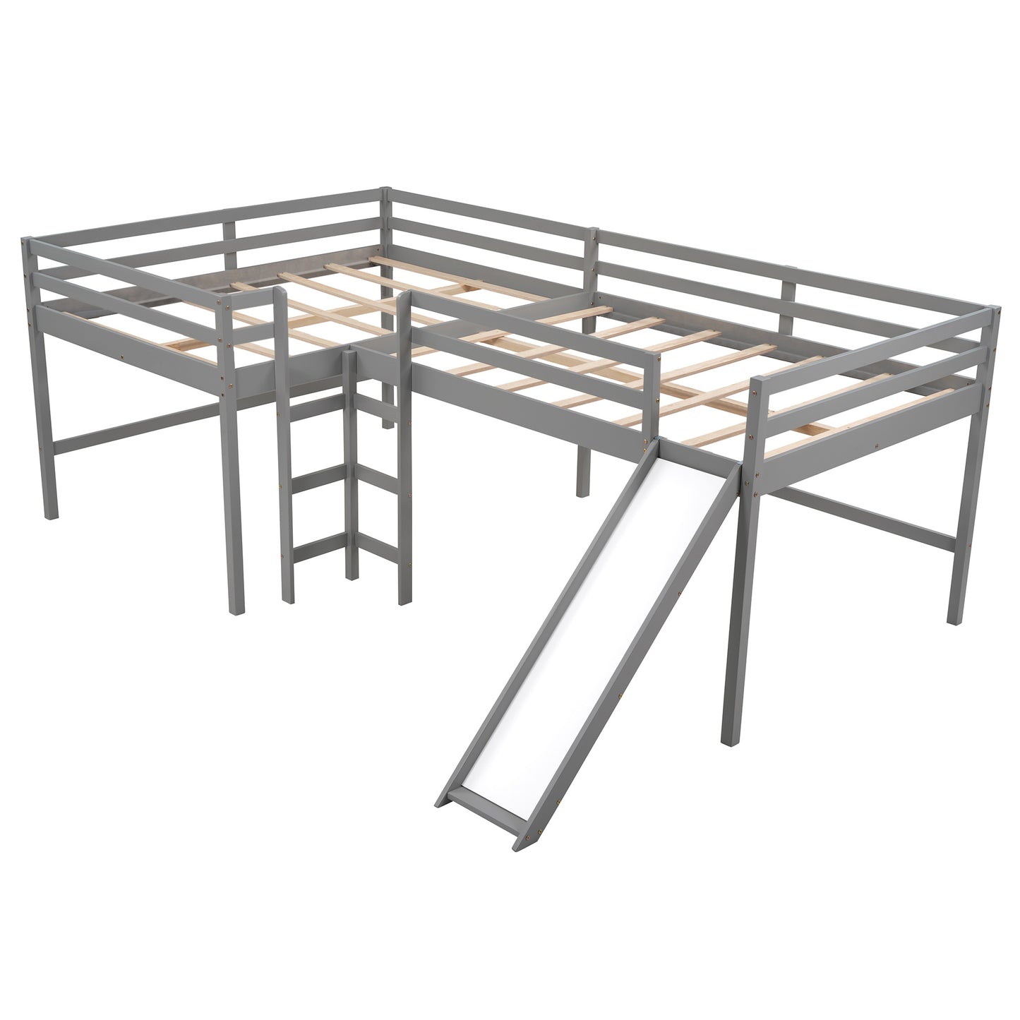 Full Size L-Shaped Loft Bed with Built-in Ladders and Slide