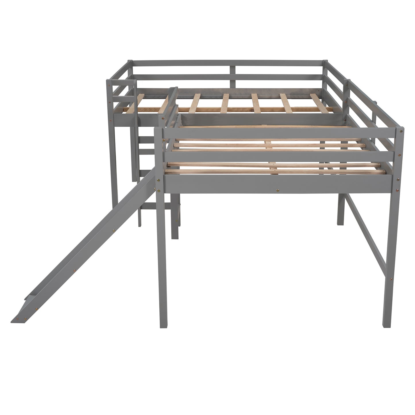 Full Size L-Shaped Loft Bed with Built-in Ladders and Slide