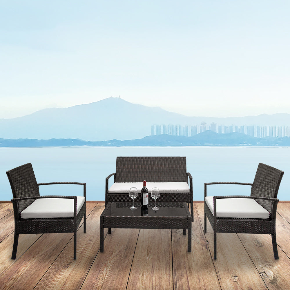 2pcs Rattan Sofa Set w/ Arm Chairs (1pc Love Seat & Tempered Glass Coffee Table)   XH