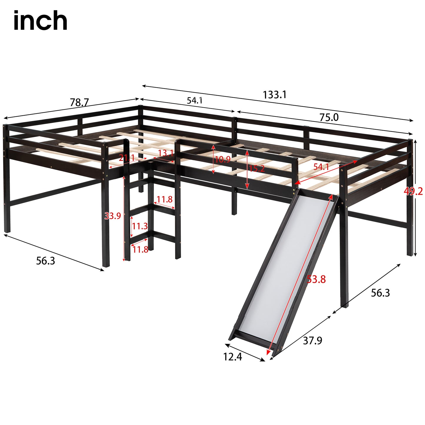 Full Size L-Shaped Loft Bed with Built-in Ladders and Slide