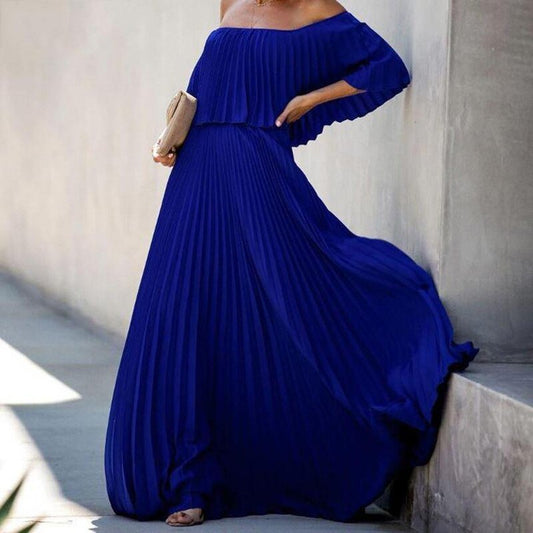 Elegant Pleated Ruffle Off Shoulder Chiffon