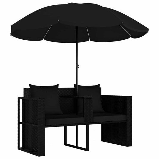 Garden Bed with Parasol Poly Rattan Black