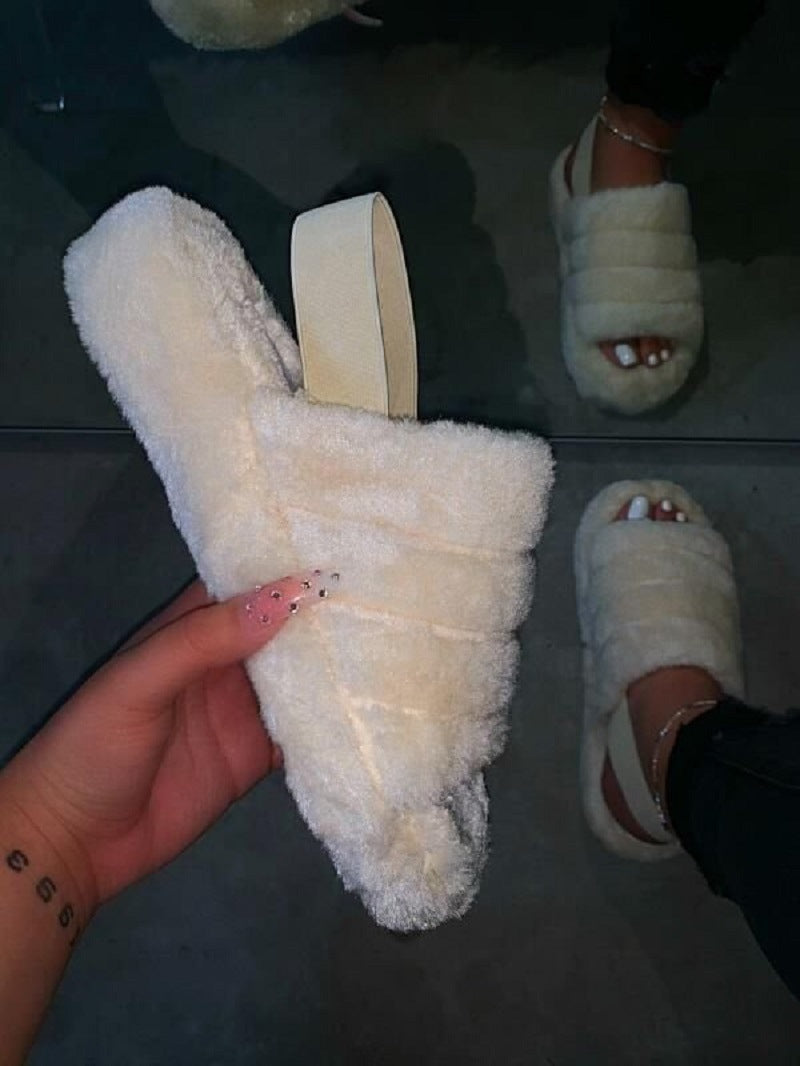 Women's Open Toe Fur Wedge Slippers with Ankle Elastic Band