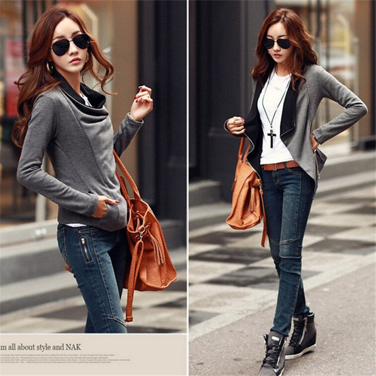 Woman's Autumn Top Outwear Coat Patch Lapel Collar Coat