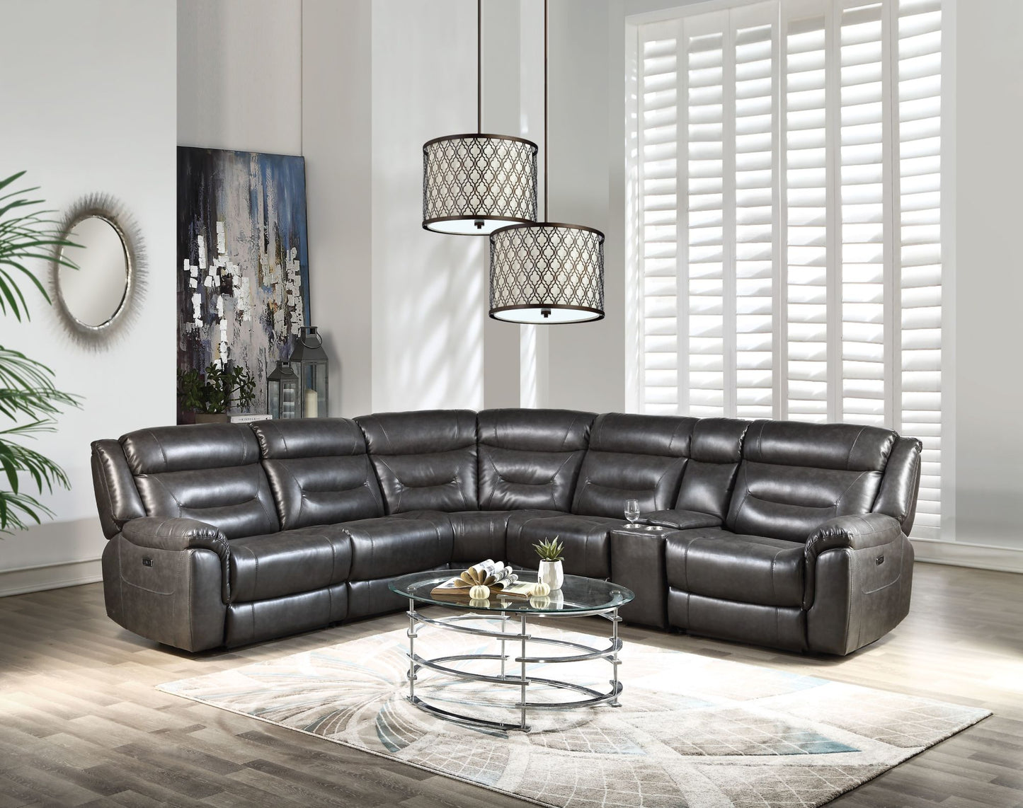 Sectional Sofa (Power Motion), Dark Grey Leather-Aire (6 Seats)