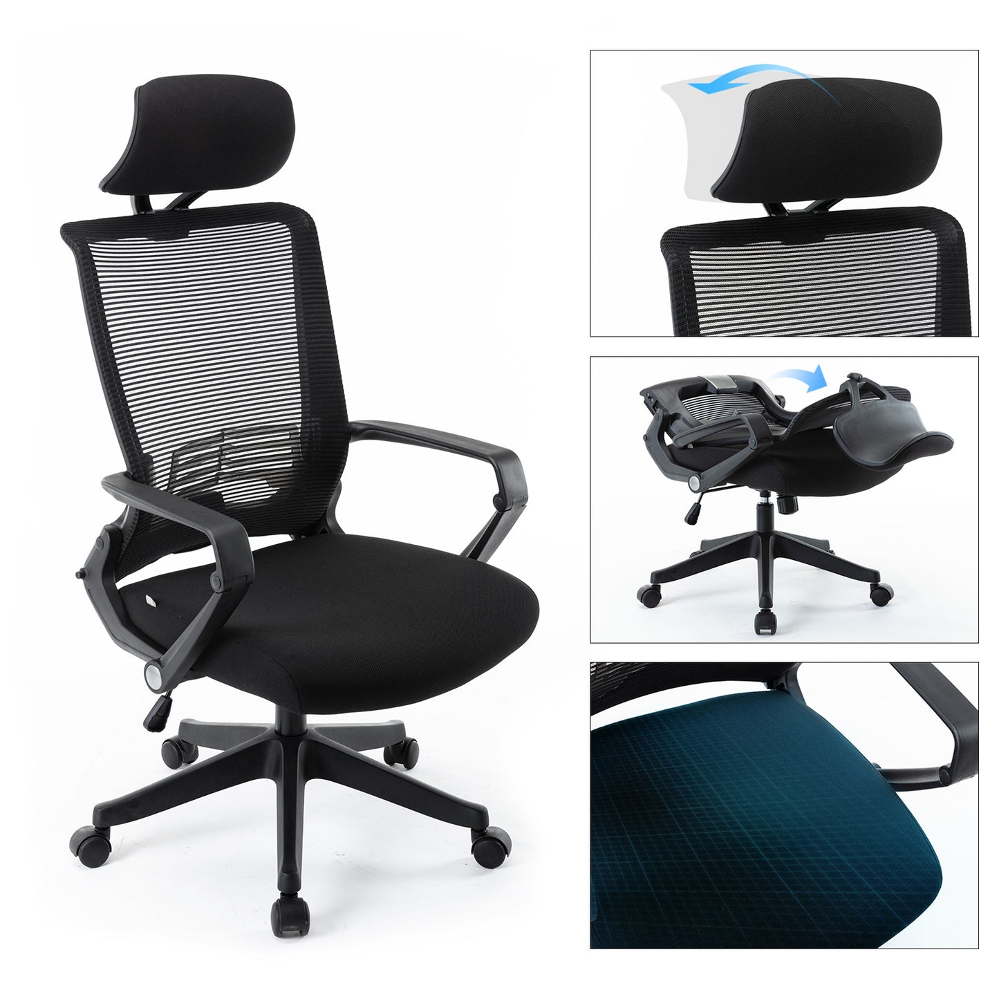 Mesh Office Chair Adjustable Headrest w/ Arms & Lumbar Support