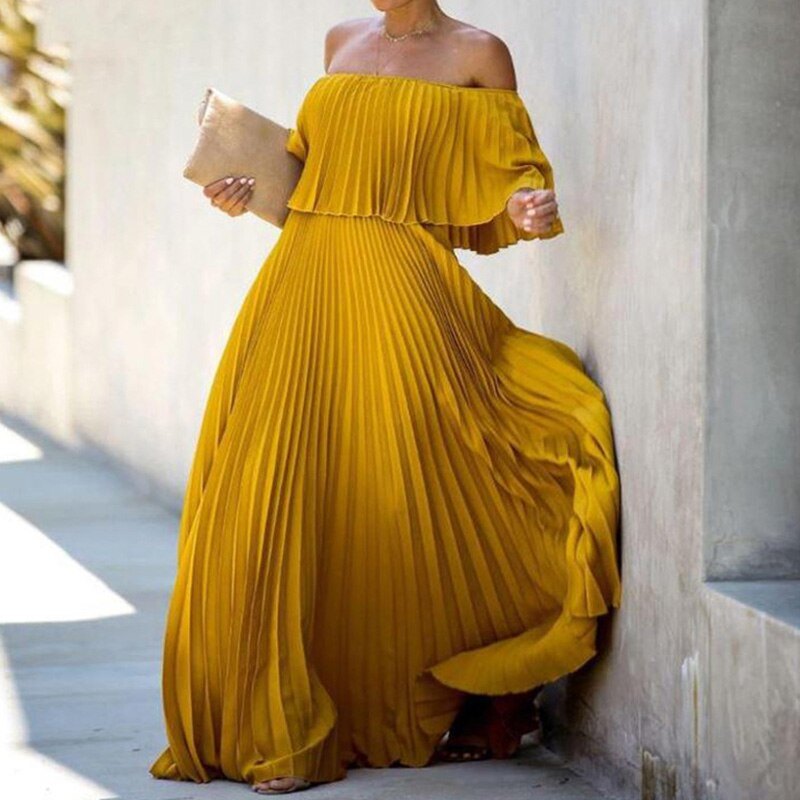 Elegant Pleated Ruffle Off Shoulder Chiffon