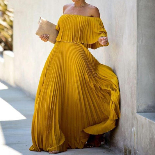 Elegant Pleated Ruffle Off Shoulder Chiffon