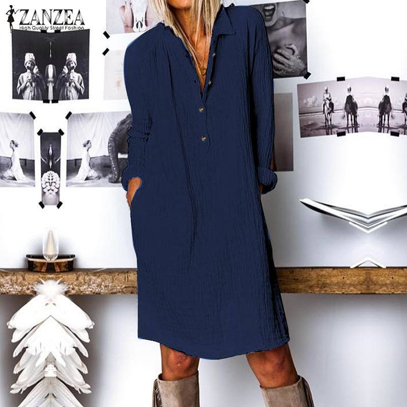 Solid Long Shirt Dress Cotton Vestido Femme