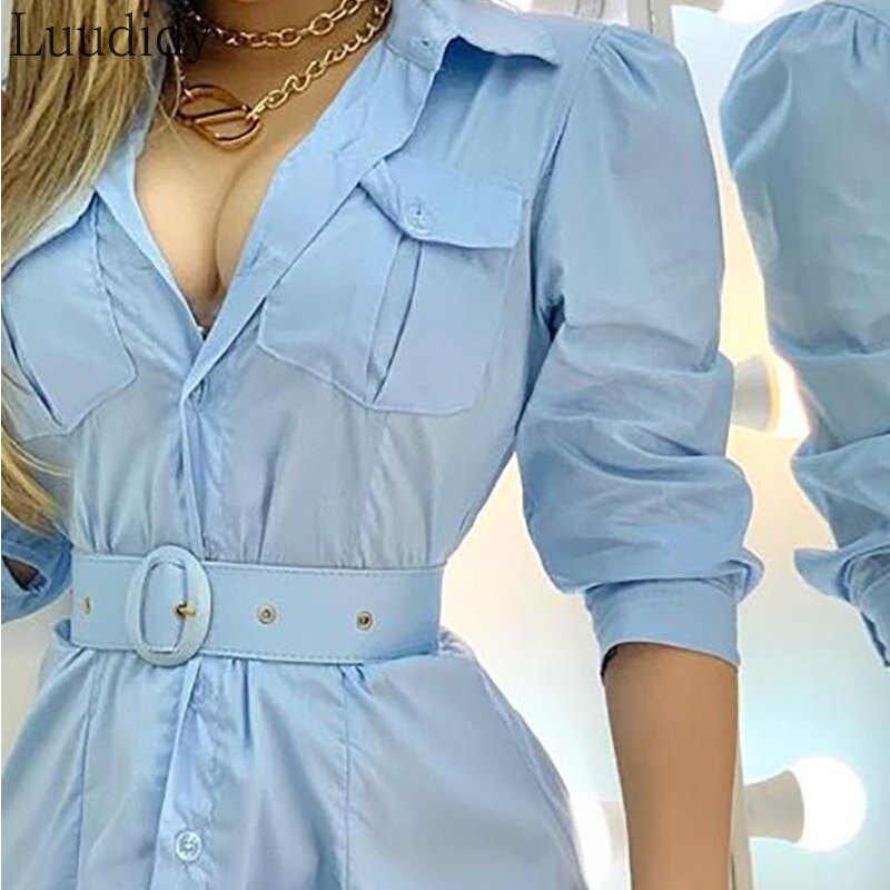 Puff Sleeve Autumn Shirt Mini Dress Female Vintage Button Belt Vestidos