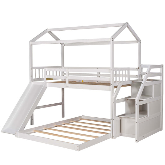 Twin over Full Sized Bunk Bed w/ Convertible Slide & Storage Staircase