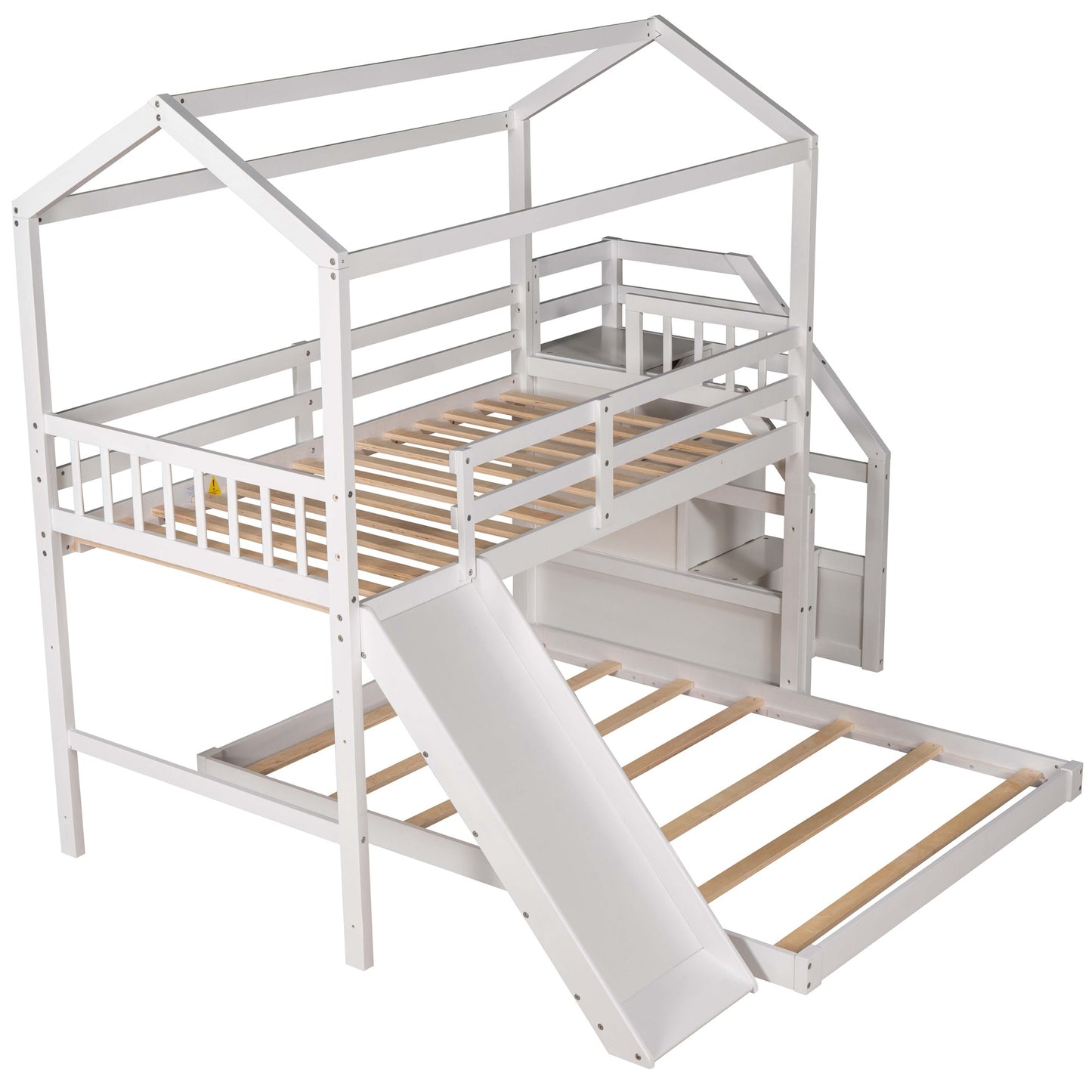 Twin over Full Sized Bunk Bed w/ Convertible Slide & Storage Staircase