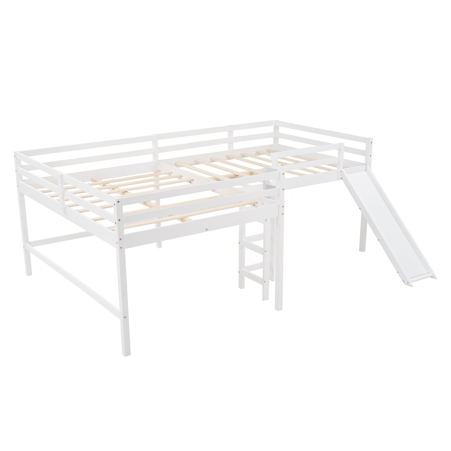 Full Size L-Shaped Loft Bed with Built-in Ladders and Slide